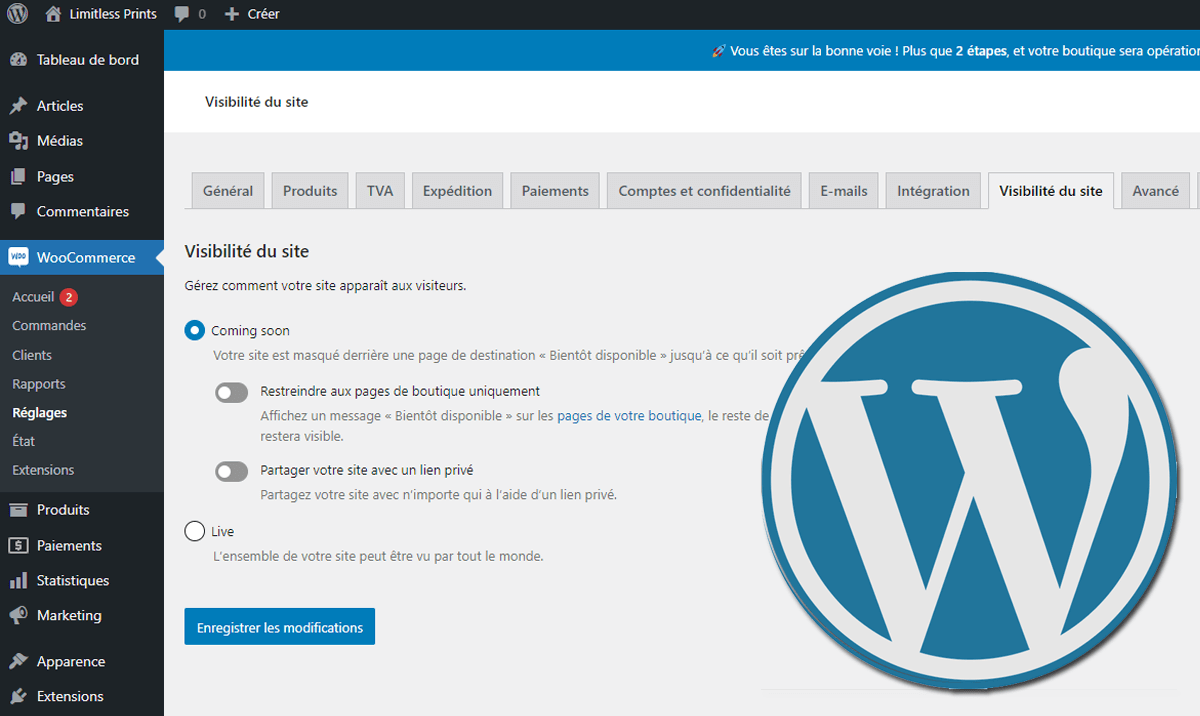 Réglages WooCommerce : Visibilité du Site - Mode maintenance